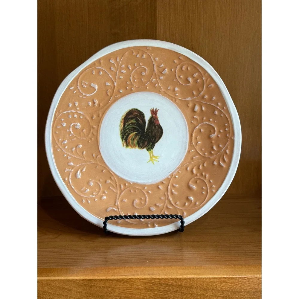 Majoliche Jessica Italy Hand Painted Rooster Ceramic Plate Orange Scroll Relief